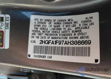 2010 Honda Civic Ex-L from USA, damaged, VIN 2HGFA1F97AH308669